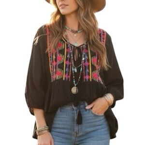 NWT Velzera Black Boho Multicolour Embroidered Tasselled Cotton Cardigan Large